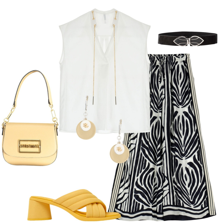 Outfit donna - Total look #1938293. Stile Chic per Serata fuori. Abbinamento con cinture, canottiere, pantaloni a palazzo, orecchini, sandali in pelle, borse a spalla.