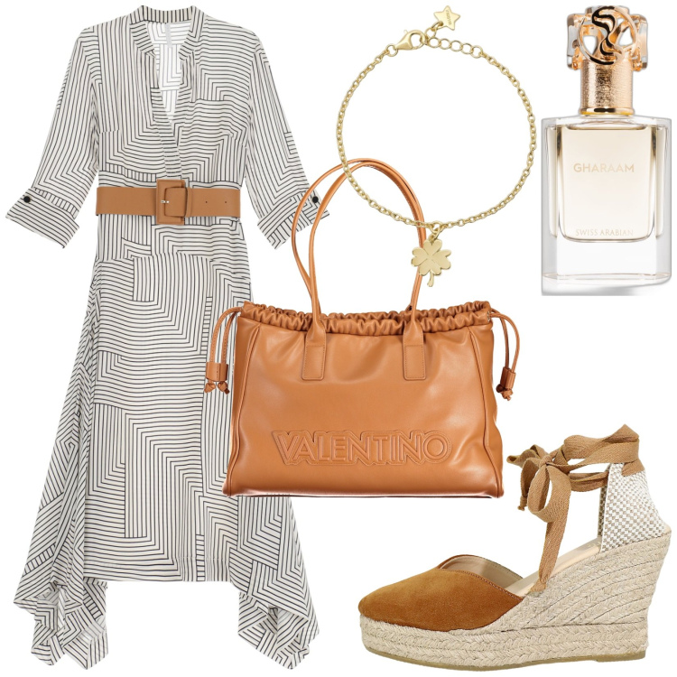 Outfit donna - Total look #1938312. Stile Casual chic per Tutti i giorni. Abbinamento con profumi, braccialetti con ciondoli, vestiti asimmetrici, zeppe, borse a spalla.