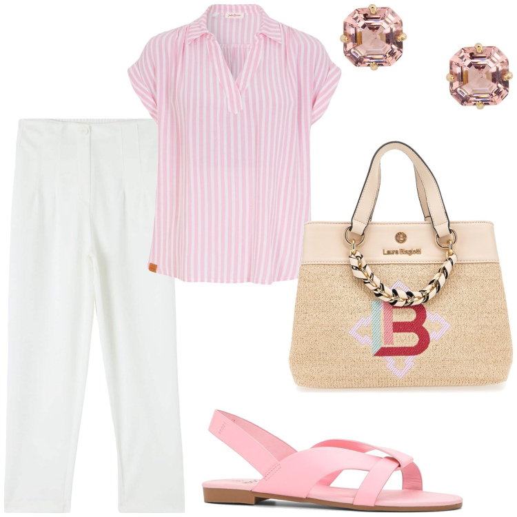 Outfit donna - Total look #1938330. Stile Sporty chic per Tutti i giorni. Abbinamento con bluse, sandali, pantaloni chino, orecchini, borse a mano.