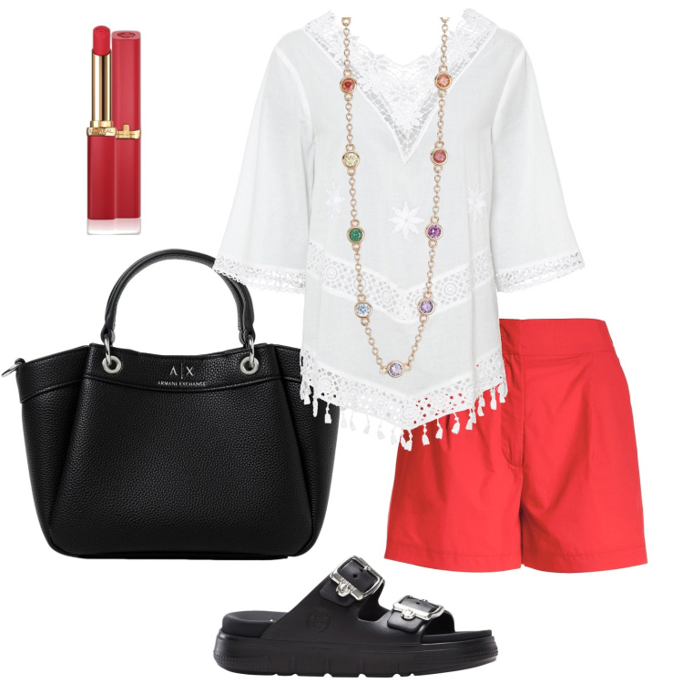 Outfit donna - La tunica di tendenza. Stile Bon Ton per Tutti i giorni. look ideale per Petite. Abbinamento con tuniche, ciabatte, rossetti, collane, pantaloni corti, borse a mano.