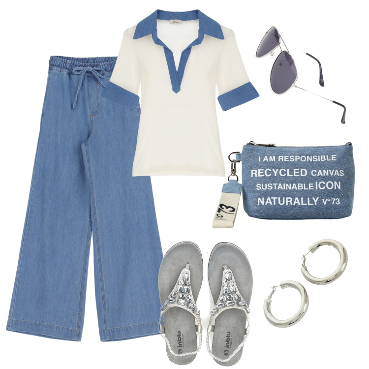 Outfit donna - Mattina in città steel blu e argento. Stile Casual per Tutti i giorni. Abbinamento con jeans, camicie a manica corta, orecchini, sandali gioiello, borse a tracolla, occhiali da sole.