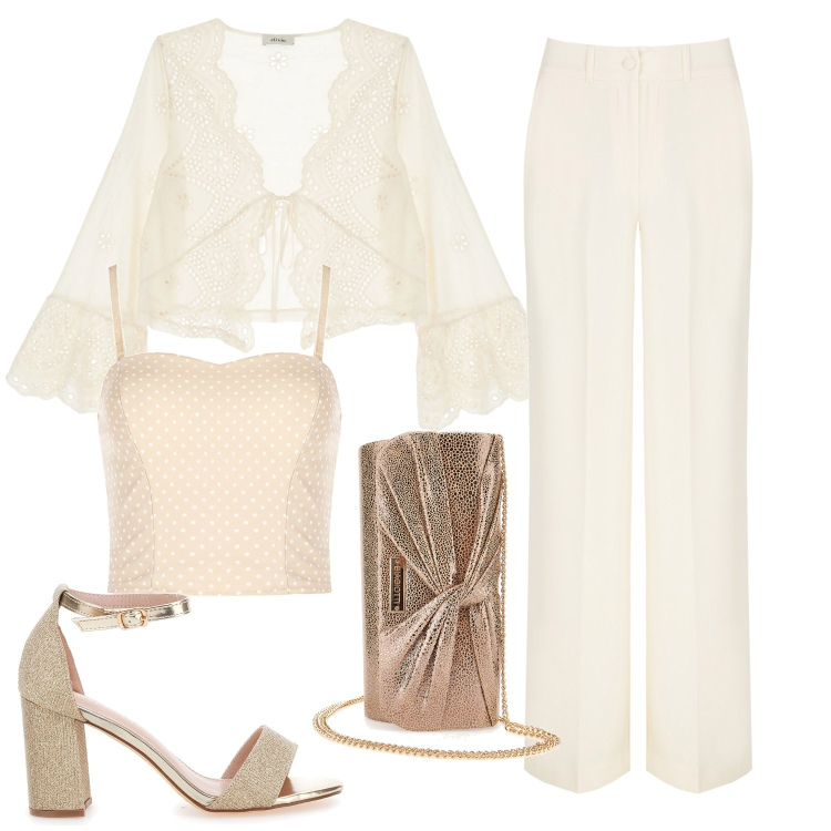 Outfit donna - Neutral. Stile Chic per Cerimonia. Abbinamento con top, pantaloni a palazzo, bluse, sandali col tacco, pochette.