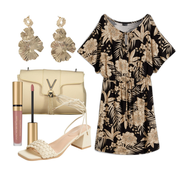 Outfit donna - Ghost outfitter - agosto. Stile Chic per Serata fuori. Abbinamento con vestiti, rossetti, sandali alla schiava, orecchini, borse a tracolla.