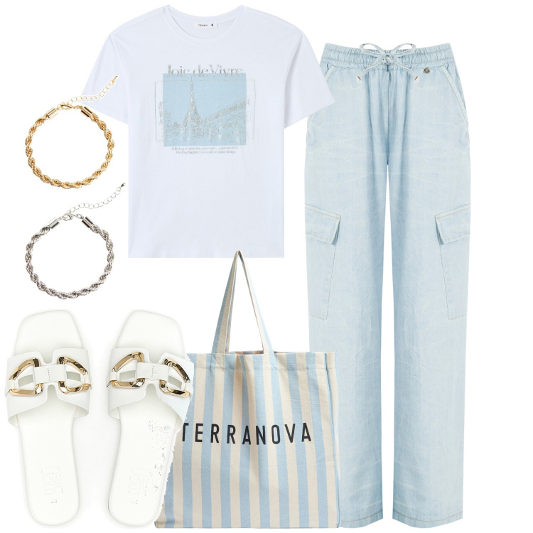 Outfit donna - Morbidi cargo. Stile Casual chic per Tutti i giorni. Abbinamento con braccialetti, pantaloni cargo, t-shirt, borse tote, ciabatte.