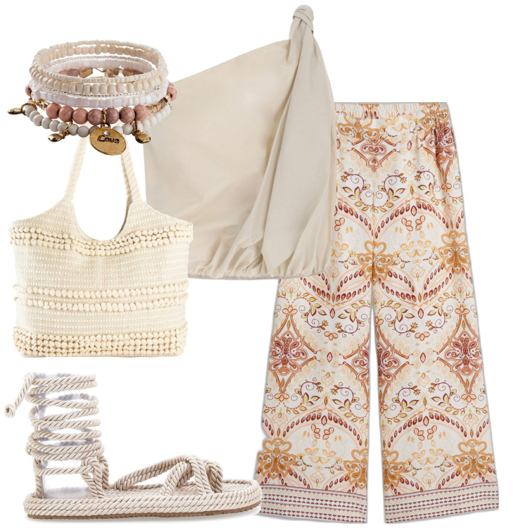 Outfit donna - Mare. Stile Boho per Mare. Abbinamento con braccialetti, shopping bag, pantaloni a palazzo, top, sandali.