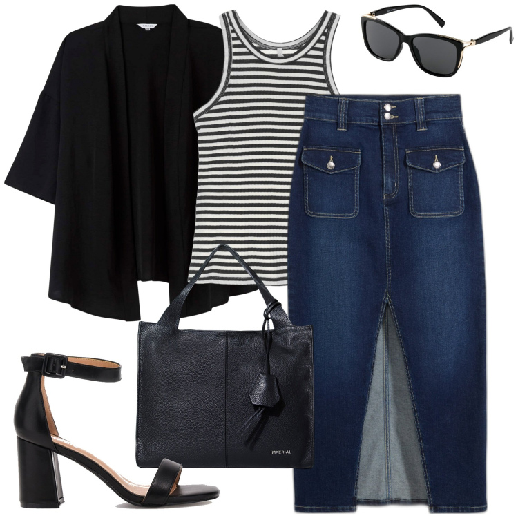 Outfit donna - City. Stile Casual chic per Tutti i giorni. Abbinamento con occhiali da sole, gonne lunghe, kimono, borse a spalla, top, sandali col tacco.