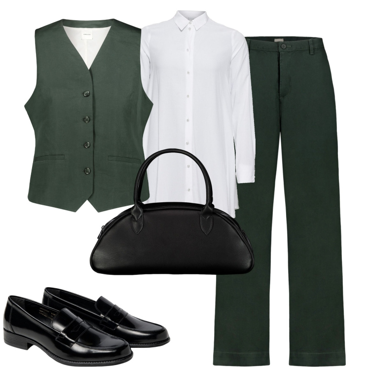 Outfit donna - In ufficio. Stile Mannish per Ufficio. Abbinamento con camicie, gilet, pantaloni, mocassini, borse a spalla.