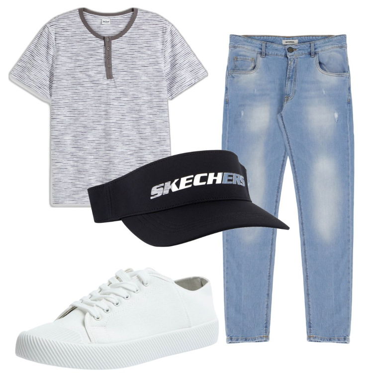 Outfit uomo - Total look #1938458. Stile Casual per Tutti i giorni. Abbinamento con maglieria, jeans slim fit, sneakers, cappelli con visiera.