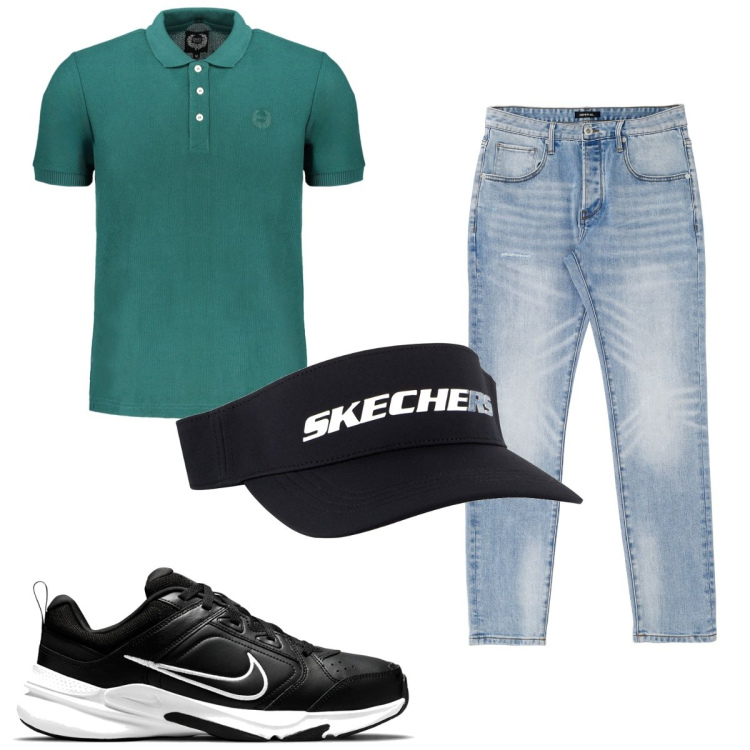 Outfit uomo - Total look #1938459. Stile Trendy per Tutti i giorni. Abbinamento con jeans dritti, cappelli con visiera, sneakers, polo.