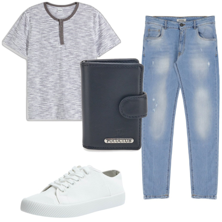 Outfit uomo - Total look #1938460. Stile Trendy per Tutti i giorni. Abbinamento con maglieria, sneakers, jeans slim fit, portafogli.