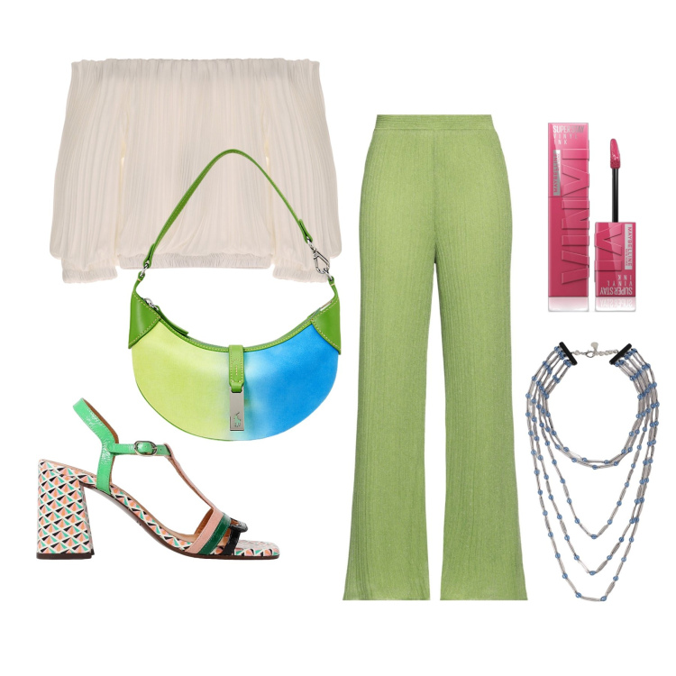 Outfit donna - Ghost outfitter - agosto. Stile Trendy per Tutti i giorni. Abbinamento con pantaloni, rossetti, top, borse a spalla, sandali col tacco, collane.