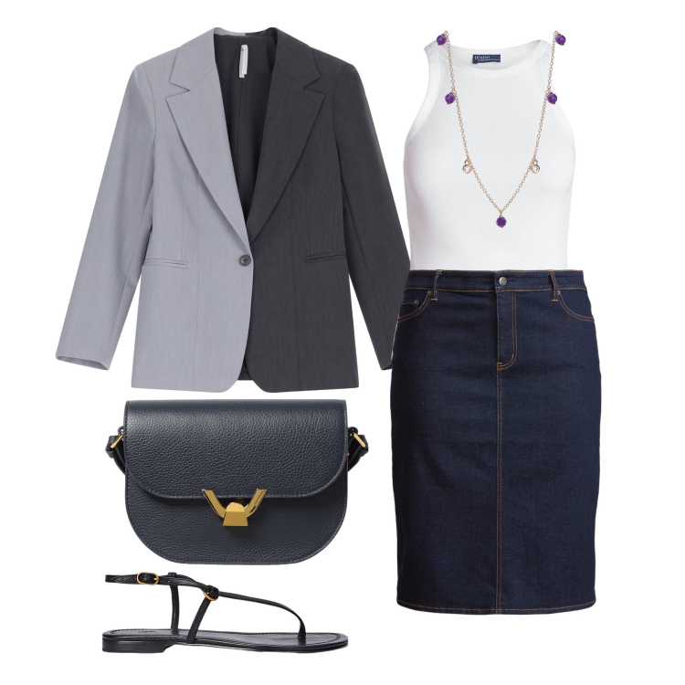 Outfit donna - Ghost outfitter - agosto. Stile Casual chic per Tutti i giorni. Abbinamento con collane, blazer, canottiere, gonne, sandali in pelle, borse a tracolla.