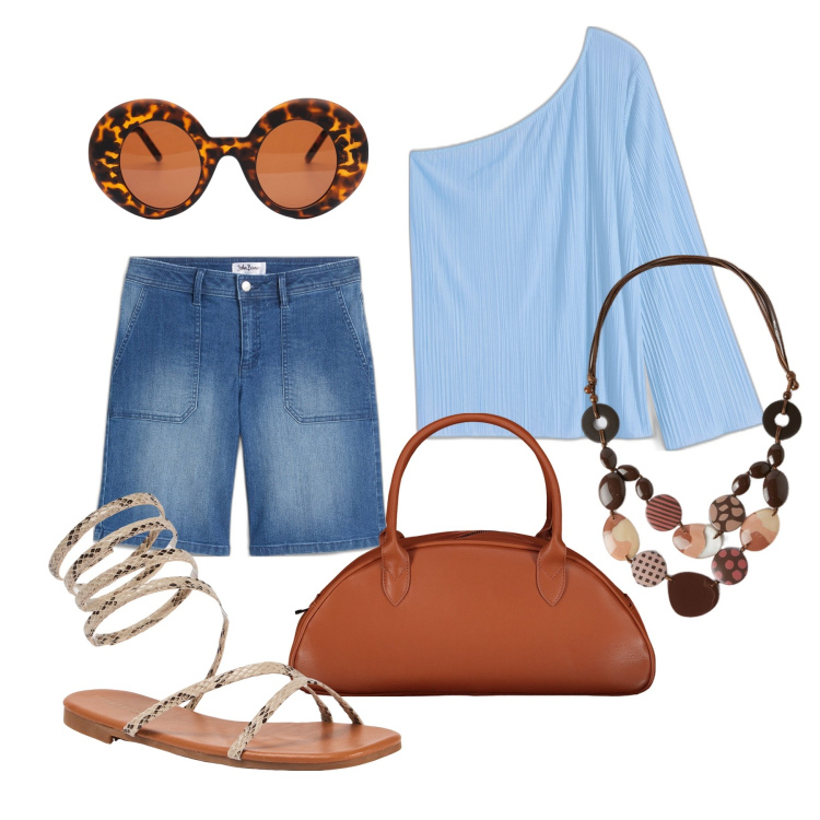 Outfit donna - Ghost outfitter - agosto. Stile Trendy per Tutti i giorni. Abbinamento con bluse, bermuda, sandali, occhiali da sole, collane, borse a spalla.