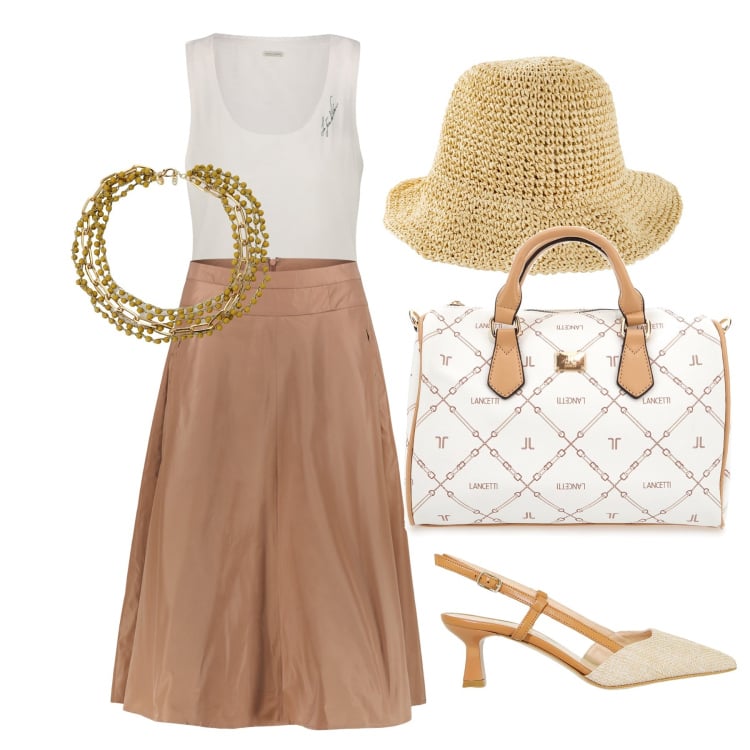 Outfit donna - Ghost outfitter - agosto. Stile Chic per Tutti i giorni. Abbinamento con cappelli, sandali col tacco, collane, gonne, canottiere, borse a mano.