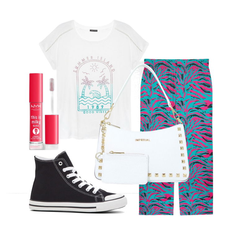 Outfit donna - Ghost outfitter - agosto. Stile Casual chic per Tutti i giorni. Abbinamento con sneakers alte, gloss, borse a spalla, pantaloni, t-shirt.