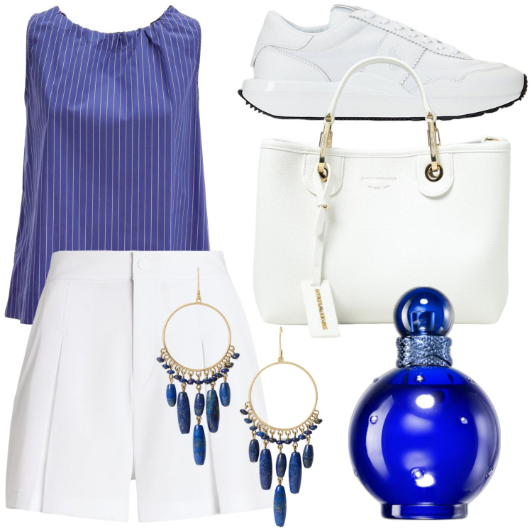 Outfit donna - Blu cobalto. Stile Glamour per Tutti i giorni. Abbinamento con profumi, sneakers, minigonne, orecchini, top, borse a mano.