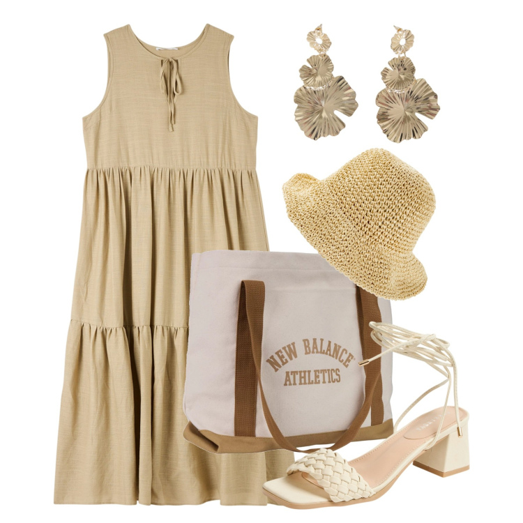 Outfit donna - Natural. Stile Bon Ton per Tutti i giorni. Abbinamento con cappelli, vestiti senza maniche, sandali alla schiava, borse tote, orecchini.