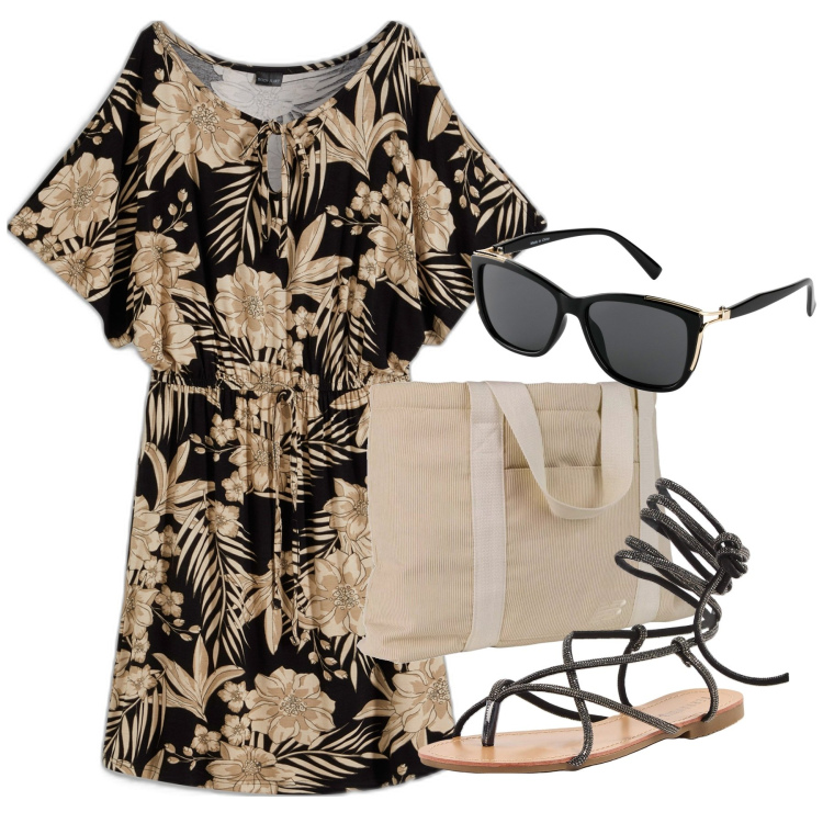 Outfit donna - Stringate e fiori. Stile Bon Ton per Tutti i giorni. Abbinamento con occhiali da sole, vestiti, sandali alla schiava, shopping bag.