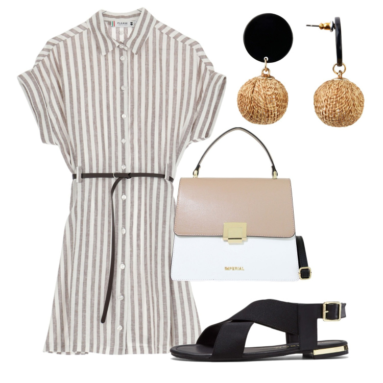 Outfit donna - Righe. Stile Bon Ton per Ufficio. Abbinamento con orecchini, sandali, vestiti corti, borse a spalla.