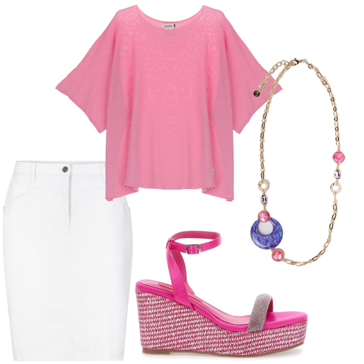 Outfit donna - Total look #1938699. Stile Casual chic per Tutti i giorni. Abbinamento con gonne, maglieria, sandali col tacco, ciondoli.