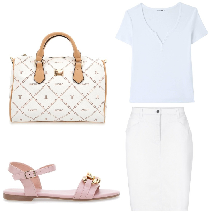 Outfit donna - Total look #1938725. Stile Casual chic per Tutti i giorni. Abbinamento con gonne, t-shirt, sandali, borse a mano.