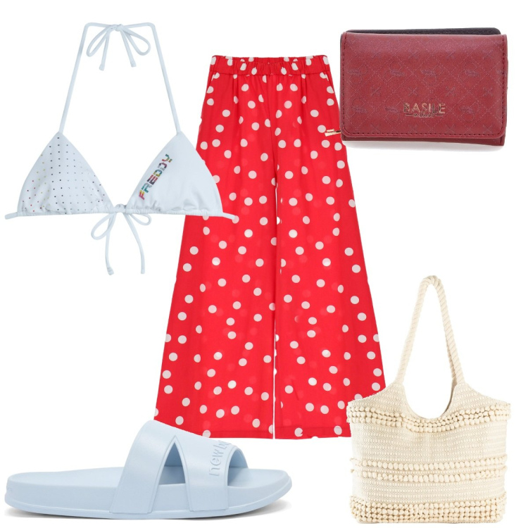 Outfit donna - Total look #1938737. Stile Trendy per Mare. Abbinamento con shopping bag, sandali, pantaloni a palazzo, bikini, portafogli.