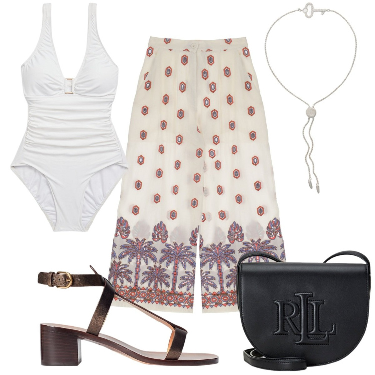 Outfit donna - Total look #1938746. Stile Trendy per Mare. Abbinamento con pantaloni, borse a tracolla, braccialetti, costumi interi, sandali col tacco.