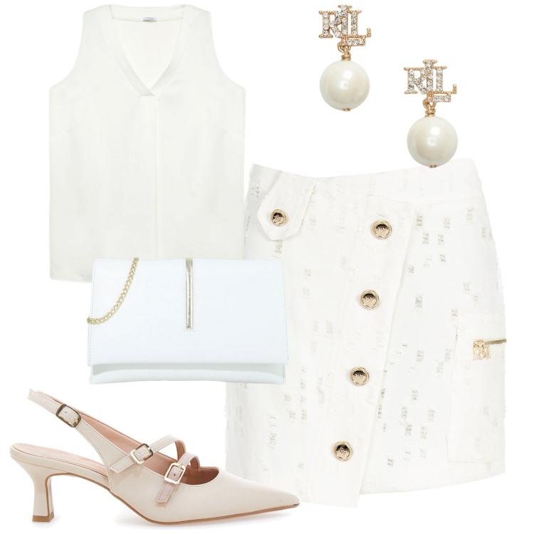 Outfit donna - Total look #1938755. Stile Chic per Tutti i giorni. Abbinamento con gonne, pochette, orecchini, décolleté, top.