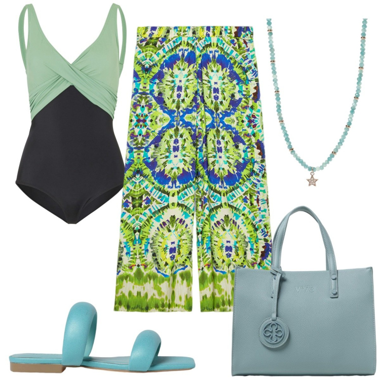 Outfit donna - Total look #1938761. Stile Trendy per Mare. Abbinamento con costumi interi, collane, pantaloni a palazzo, borse tote, sandali in pelle.