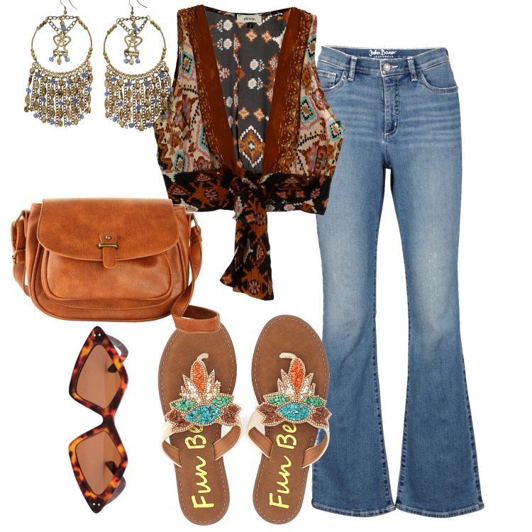 Outfit donna - Party time. Stile Boho per Serata fuori. Abbinamento con borse a tracolla, jeans bootcut, top, orecchini, infradito, occhiali da sole.