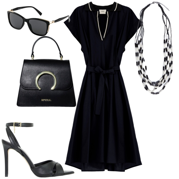 Outfit donna - Summer. Stile Trendy per Tutti i giorni. Abbinamento con occhiali da sole, décolleté, borse a spalla, vestiti midi/longuette, collane.