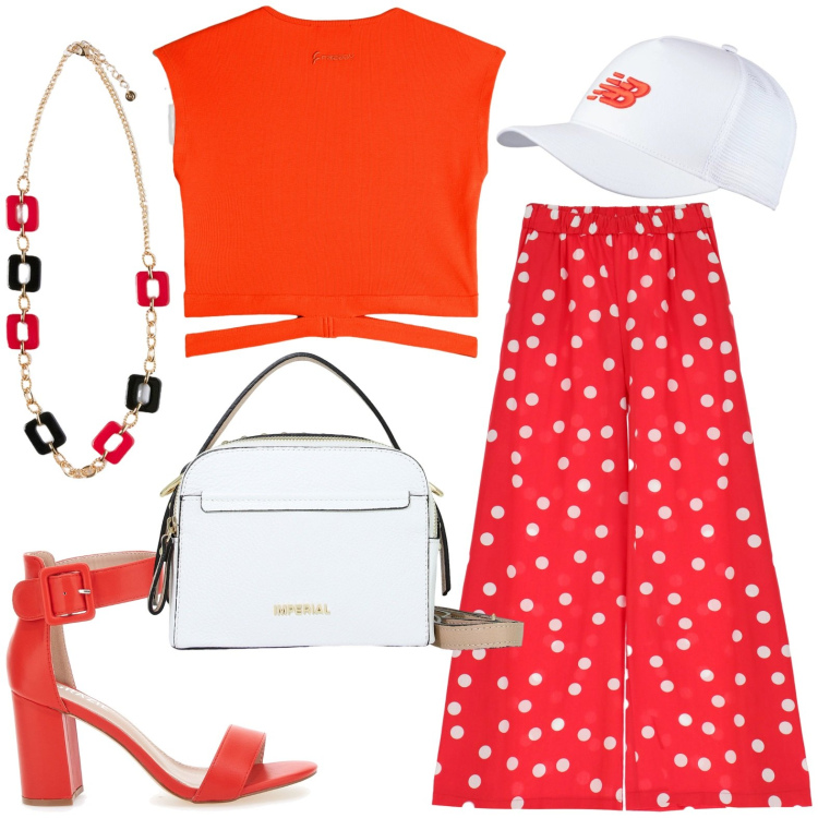 Outfit donna - Total look #1938828. Stile Casual per Tutti i giorni. Abbinamento con cappelli con visiera, pantaloni a palazzo, borse a spalla, t-shirt, sandali col tacco, ciondoli.