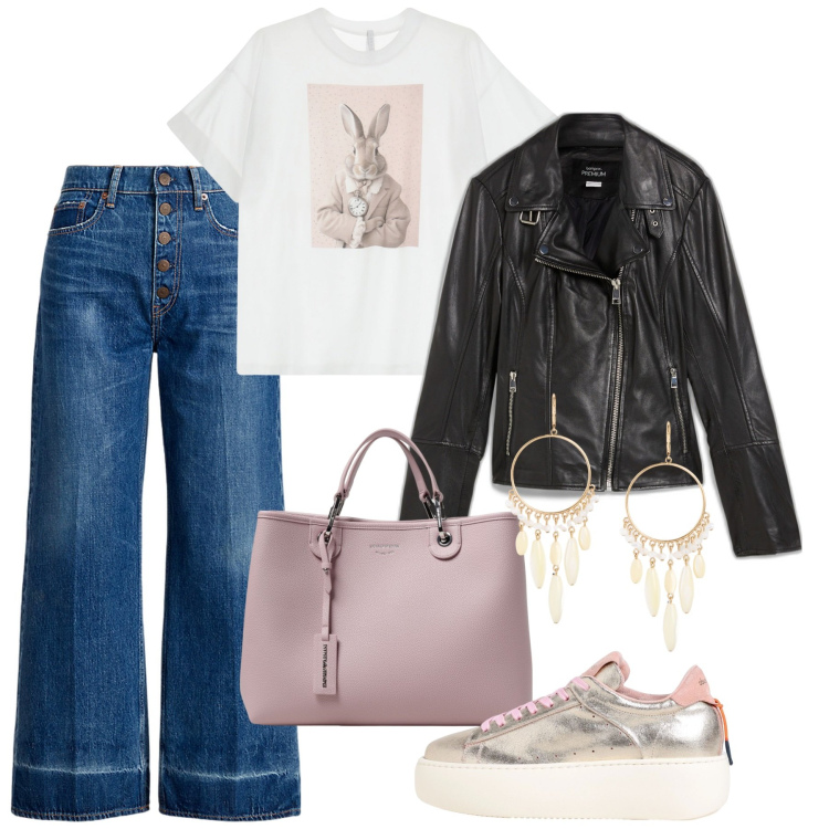 Outfit donna - Alice oggi. Stile Basic per Tutti i giorni. Abbinamento con blazer, t-shirt, jeans, orecchini, sneakers, borse tote.