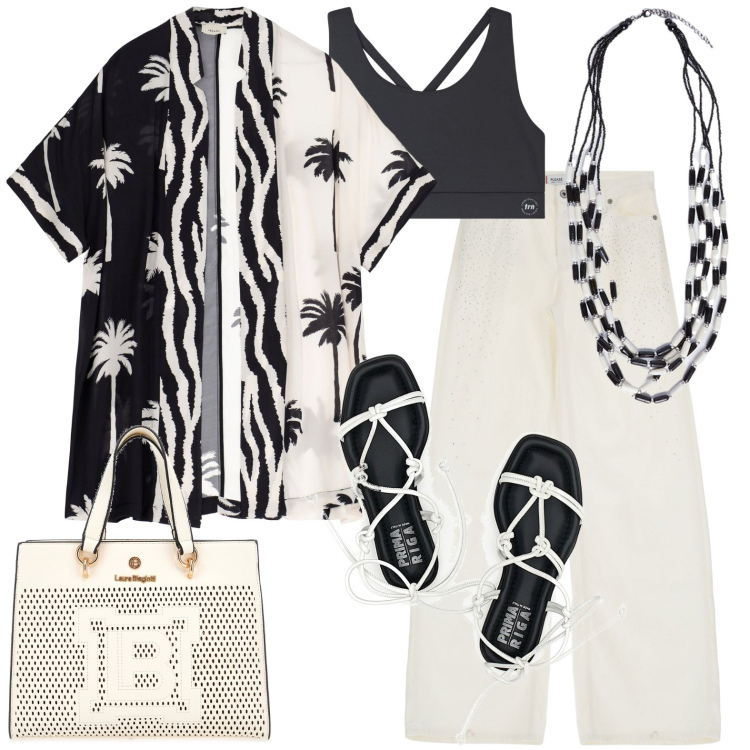 Outfit donna - Total look #1938832. Stile Casual per Tutti i giorni. Abbinamento con canottiere, pantaloni, trench, sandali, collane, borse a mano.