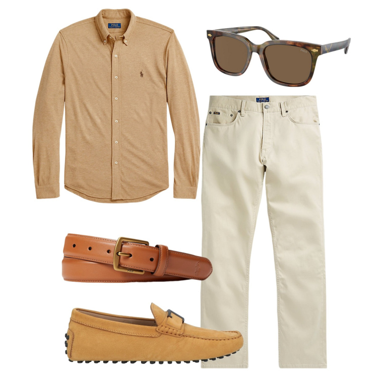 Outfit uomo - Un tipo chiaro. Stile Casual per Tutti i giorni. Abbinamento con scarpe stringate, camicie, cinture, occhiali da sole, pantaloni.