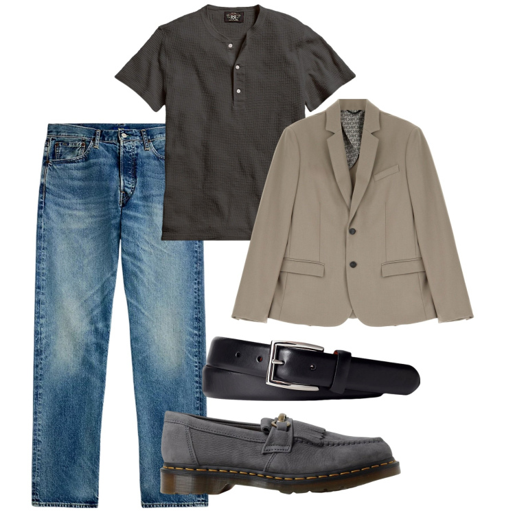 Outfit uomo - Bello lui. Stile Trendy per Serata speciale. Abbinamento con giacche, t-shirt, cinture, jeans dritti, scarpe stringate.