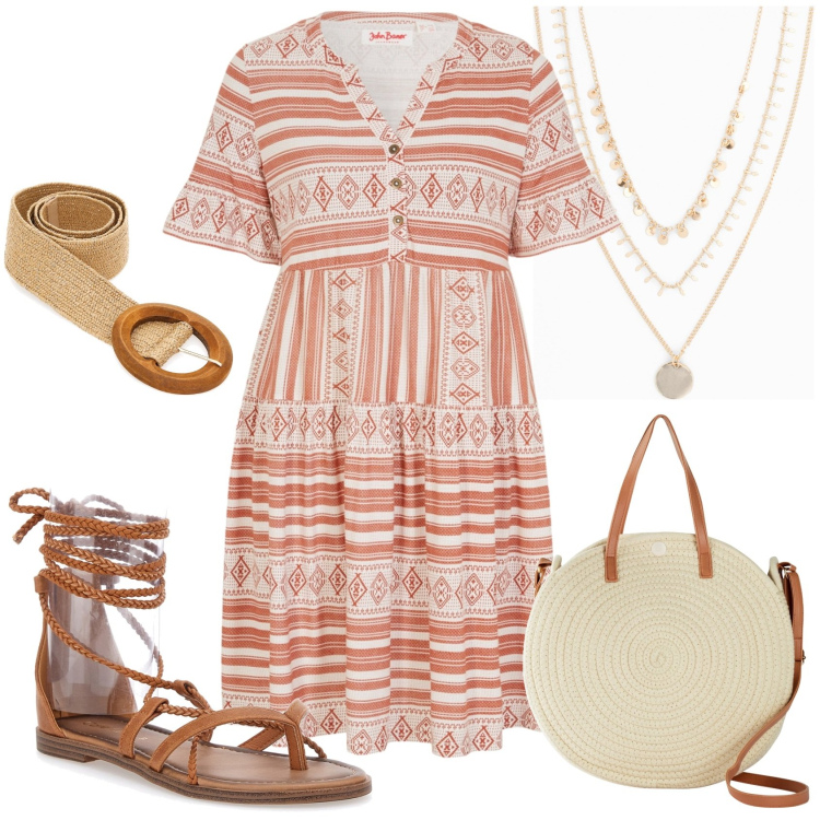 Outfit donna - Dinner Boho Chic. Stile Boho per Serata fuori. Abbinamento con collane, vestiti, borse a tracolla, cinture, sandali alla schiava.