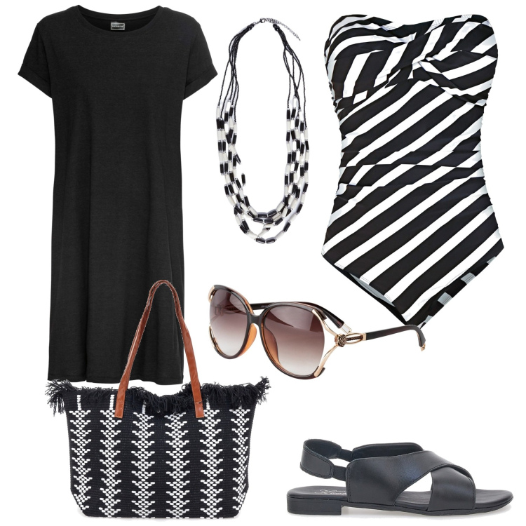 Outfit donna - Curvy style in spiaggia. Stile Casual chic per Mare. Abbinamento con vestito corto, occhiali da sole, costumi interi, borse a spalla, sandali col tacco, collane.