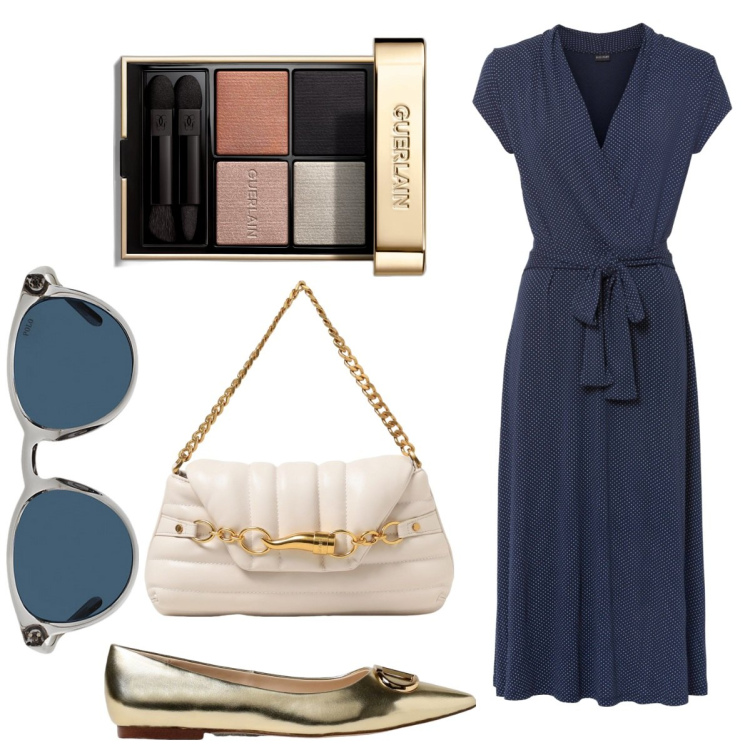 Outfit donna - Shopping estivo. Stile Urban per Tutti i giorni. Abbinamento con vestiti midi/longuette, ombretti, occhiali da sole, ballerine, borse a spalla.