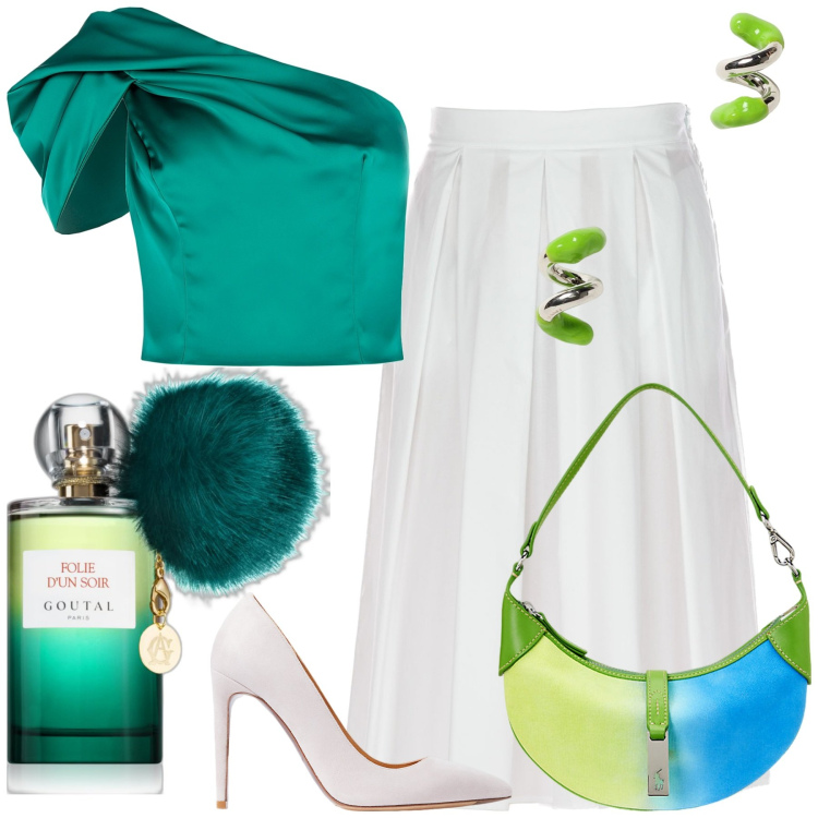 Outfit donna - Apericena estivo. Stile Chic per Serata fuori. Abbinamento con profumi, top, décolleté, borse a spalla, gonne longuette, orecchini.
