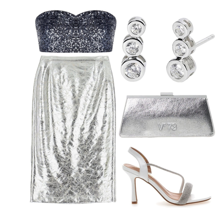 Outfit donna - Ferragosto a bailar. Stile Glamour per Serata fuori. Abbinamento con orecchini, top, gonne longuette, sandali col tacco, clutch.