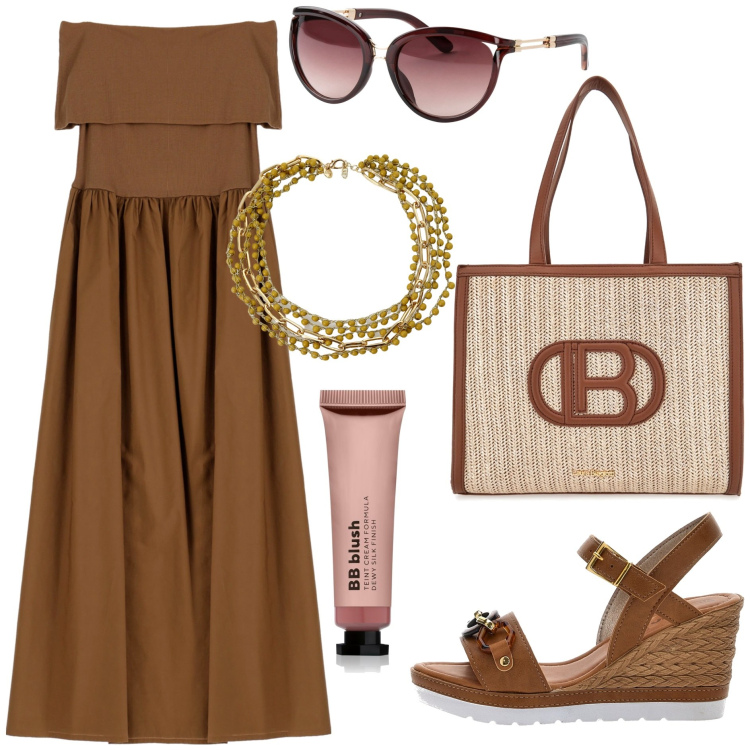 Outfit donna - Colori caffè. Stile Trendy per Tutti i giorni. Abbinamento con occhiali da sole, blush, vestiti lunghi, collane, sandali, borse a spalla.