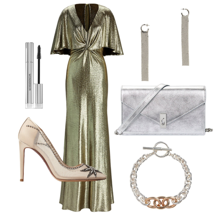 Outfit donna - Ghost outfitter - agosto. Stile Glamour per Cerimonia. Abbinamento con mascara, décolleté, braccialetti, clutch, vestiti, orecchini.