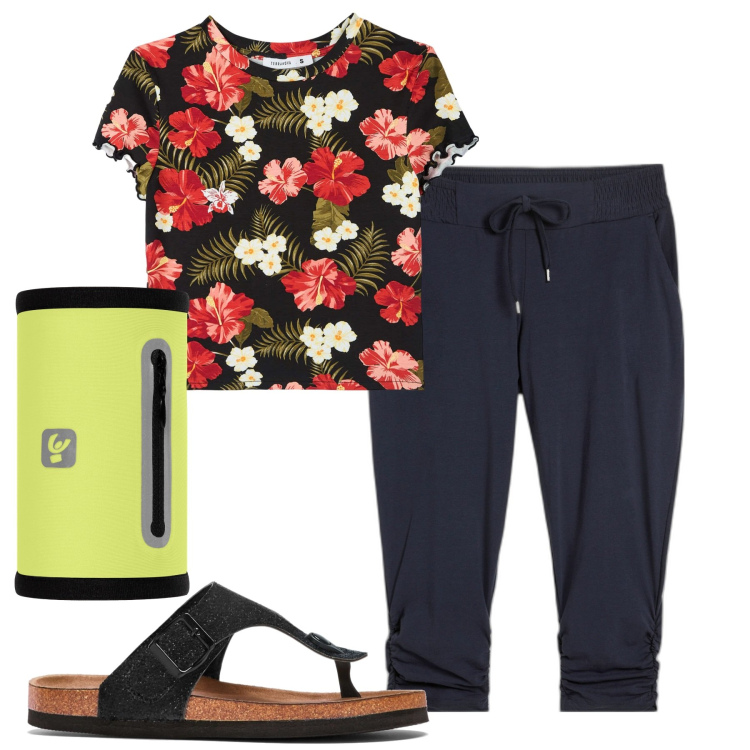 Outfit donna - In casa relax. Stile Casual per Tutti i giorni. Abbinamento con infradito, pantaloni, t-shirt, fasce per capelli.