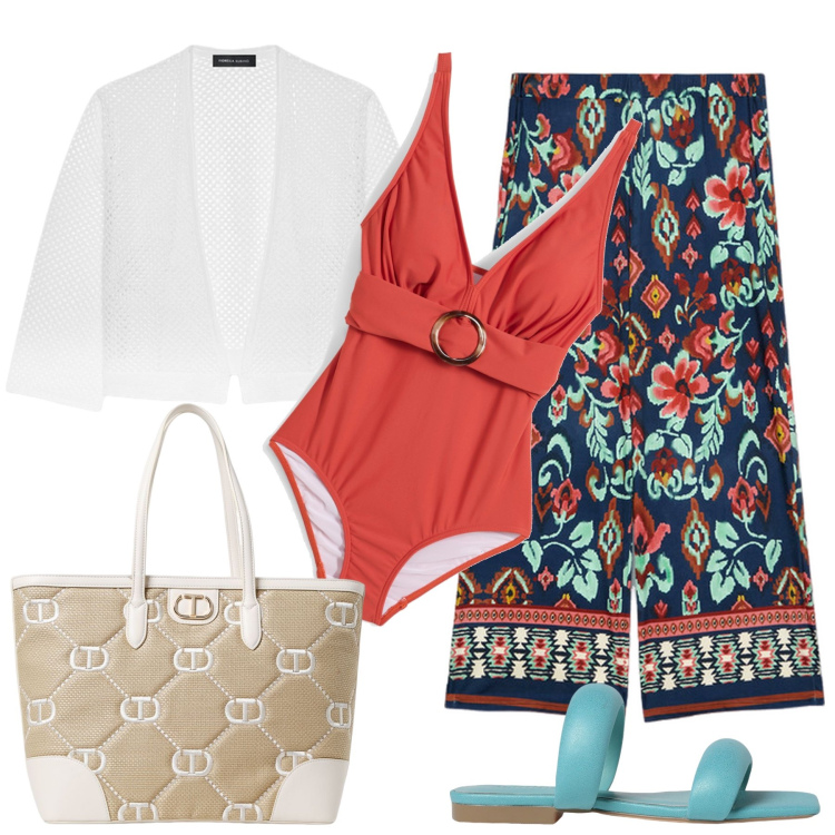 Outfit donna - Costume ruggine. Stile Casual chic per Mare. Abbinamento con costumi interi, pantaloni a palazzo, cardigans, sandali in pelle, borse tote.