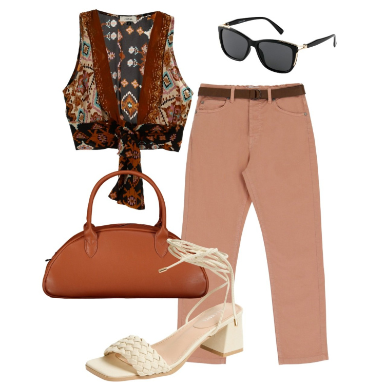 Outfit donna - Bolero boho. Stile Urban per Tutti i giorni. Abbinamento con occhiali da sole, sandali alla schiava, pantaloni, top, borse a spalla.