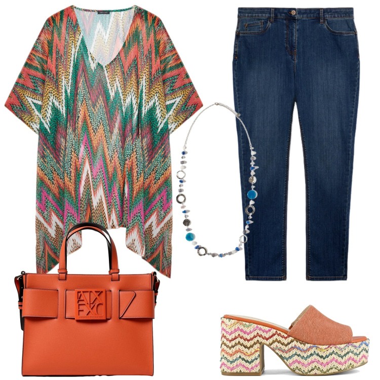 Outfit donna - Curvy style. Stile Boho per Serata fuori. Abbinamento con caftani, jeans skinny, ciondoli, sandali, borse a mano.