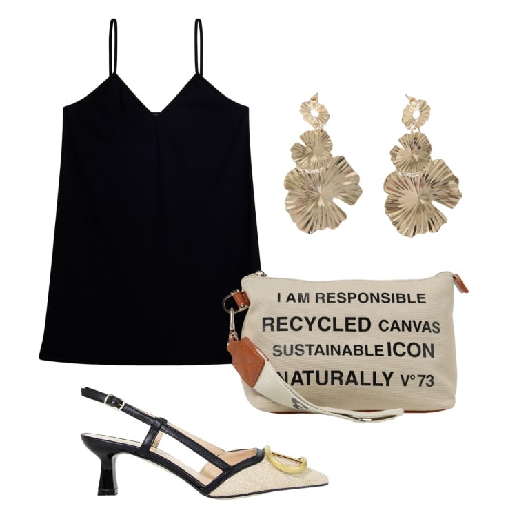 Outfit donna - Facile per la serata. Stile Chic per Serata fuori. Abbinamento con sandali in pelle, vestiti corti, orecchini, borse a tracolla.