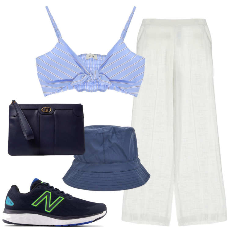 Outfit donna - Le sneakers la sera. Stile Sporty chic per Serata fuori. Abbinamento con sneakers, pantaloni a palazzo, top, berretti, clutch.