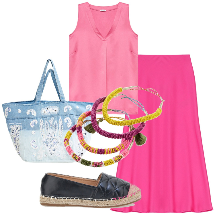 Outfit donna - Espadrillas in città. Stile Etnico per Ufficio. Abbinamento con braccialetti, shopping bag, gonne longuette, espadrillas, top.